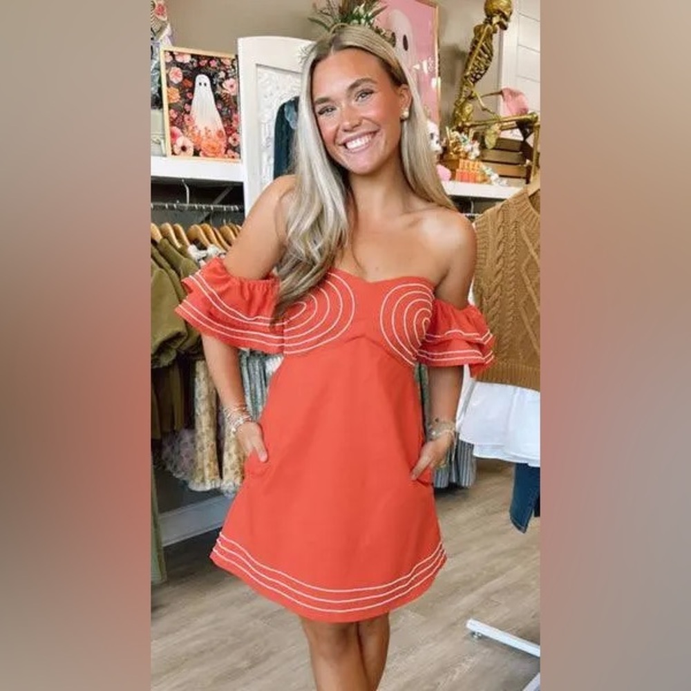 Embroidered mini dress - terracotta. Perfect for Europe / spain